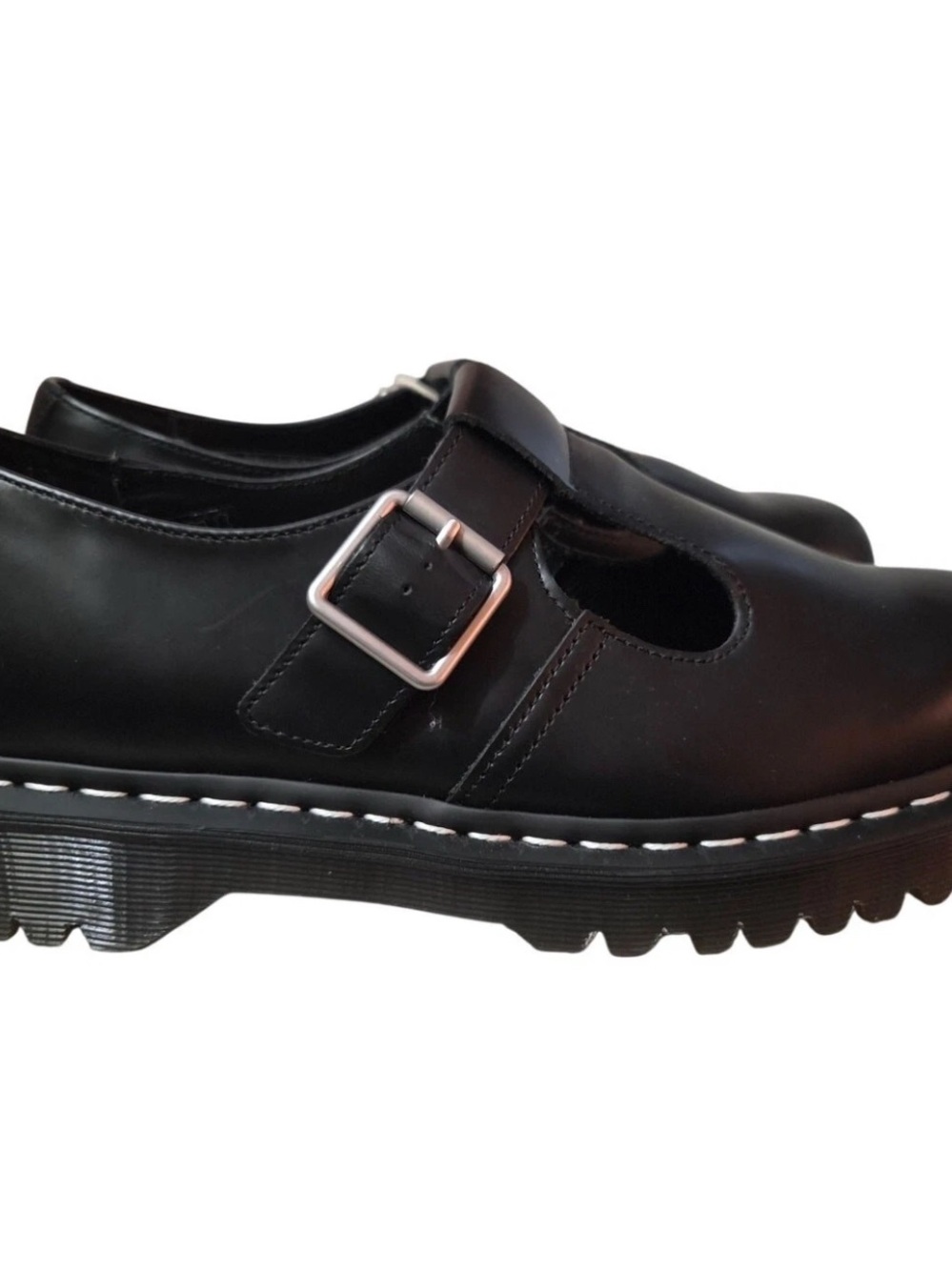 Dr. Martens Black Leather T-Bar Mary Jane White Stitching W8 M9 Unisex - Picture 2 of 5